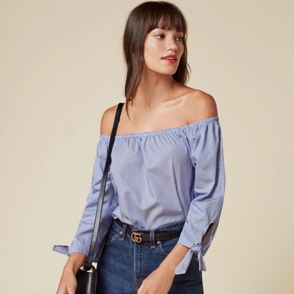 Reformation Reese Off the Shoulder Top Blue White Stripe - Picture 2 of 6